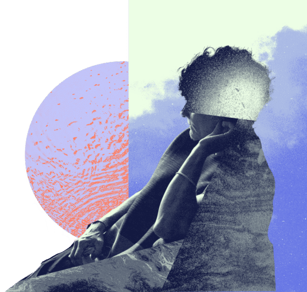 Collage of colorful shapes, textures, and photography featuring a seated solitary person. Individual identity is obscured and collaged to express the uniqueness and intersectionality of survivors.